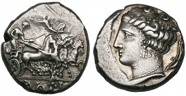 Sicily, Panormos, tetradrachm, c. 360-340 BC, quadriga driven right with Nike above crowning the charioteer; in ex., hippocamp and Punic name of city ...