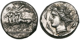 Sicily, Panormos, tetradrachm, c. 340-320 BC, quadriga driven left with Nike above crowning the charioteer; in ex., Punic name of city ziz, rev., wrea...