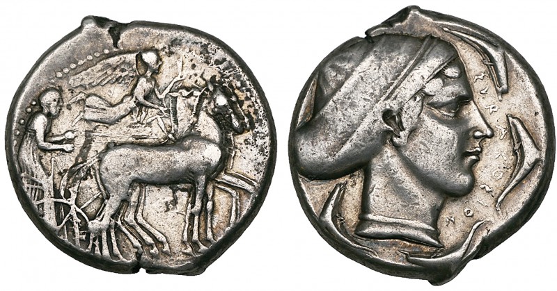 Sicily, Syracuse, tetradrachm, c. 430 BC, quadriga driven right, rev., ΣΥΡΑΚΟΣΙΟ...