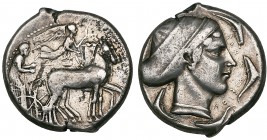 Sicily, Syracuse, tetradrachm, c. 430 BC, quadriga driven right, rev., ΣΥΡΑΚΟΣΙΟΝ, head of Arethusa right, her hair in saccos, surrounded by four dolp...