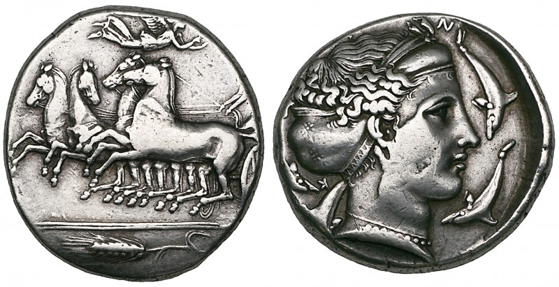 Sicily, Syracuse, tetradrachm, c. 410-405 BC, signed K (Kimon?), quadriga driven...