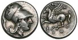 Sicily, Syracuse, Agathokles (317-289 BC), stater, helmeted head of Athena right, rev., Pegasos flying left; triskeles above; corn ear below, 8.31g, d...