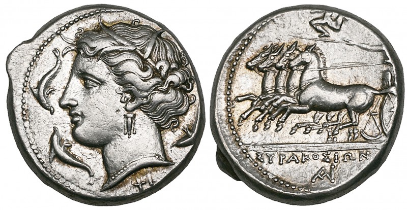 Sicily, Syracuse, Agathokles (317-289 BC), tetradrachm, wreathed head of Arethus...