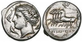 Sicily, Syracuse, Agathokles (317-289 BC), tetradrachm, wreathed head of Arethusa left with three dolphins around; below, ΦΙ, rev., quadriga driven le...