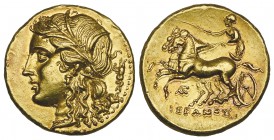 Sicily, Syracuse, Hieron II (275-215 BC), gold decadrachm, wreathed head of Persephone left; behind, sea-horse, rev., ΙΕΡΩΝΟΣ, biga driven left; below...