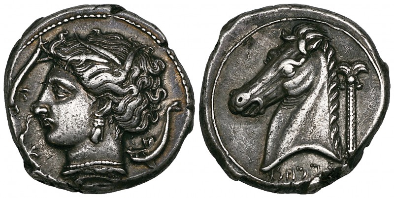 Siculo-Punic, tetradrachm, c. 350 BC, wreathed head of Tanit left with four dolp...