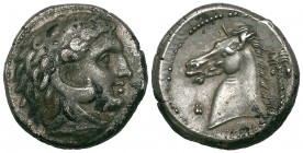 Siculo-Punic, tetradrachm, c. 320 BC, head of Herakles right in lion skin headdress, rev., horse’s head three-quarters left with palm tree behind; in ...