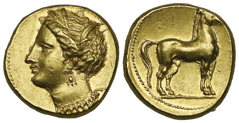 Zeugitana, Carthage, gold stater, c. 350-320 BC, wreathed head of Tanit left wea...