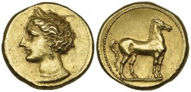 Zeugitana, Carthage, electrum stater, c. 310-270 BC, wreathed head of Tanit left, rev., horse standing right; two pellets behind forelegs, 7.58g, die ...