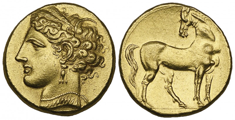 Zeugitana, Carthage, gold trihemistater, c. 260 BC, wreathed head of Tanit left ...