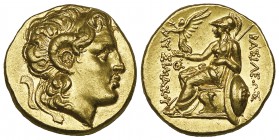 Kings of Thrace, Lysimachos (323-281 BC), gold stater, Alexandria Troas, c. 297-281 BC, deified head of Alexander the Great right wearing horn of Ammo...