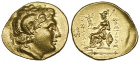 Kings of Thrace, Lysimachos (323-281 BC), posthumous gold stater, Byzantium, c. 230 BC, deified head of Alexander the Great right wearing horn of Ammo...