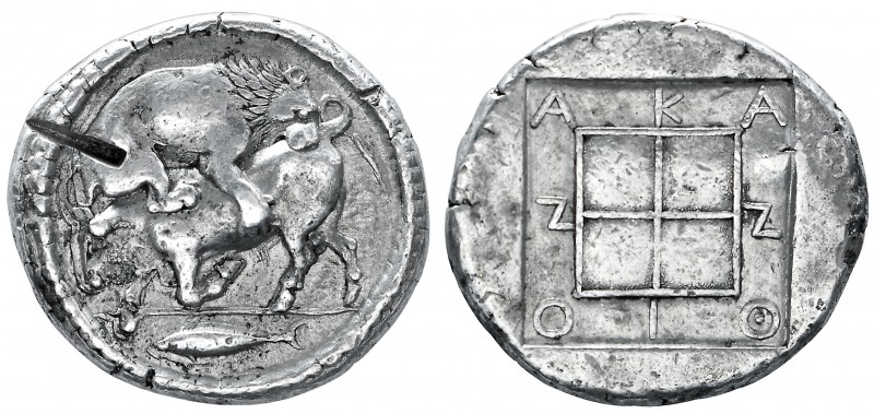 Macedon, Akanthos, tetradrachm, c. 470-430 BC, lion to right, attacking bull cro...