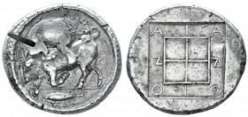 Macedon, Akanthos, tetradrachm, c. 470-430 BC, lion to right, attacking bull crouching to left, in ex., tunny fish, rev., AKANΘION within shallow incu...