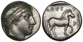 Kings of Macedon, Archelaos I (413-399 BC), stater, diademed head right of Apollo, rev., ΑΡΧΕ-ΛΑ[Ο], horse standing right with trailing rein, 10.80g, ...