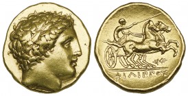 Kings of Macedon, Philip II (359-336 BC), gold stater, Pella, c. 340-328 BC, laureate head of Apollo right, rev., ΦΙΛΙΠΠΟΥ, biga driven right; thunder...