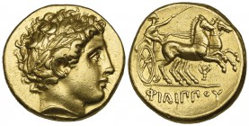 Kings of Macedon, Philip II (359-336 BC), gold stater, Pella, c. 340-328 BC, laureate head of Apollo right, rev., ΦΙΛΙΠΠΟΥ, biga driven right; kanthar...