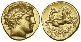 Kings of Macedon, Philip II (359-336 BC), gold stater, Pella, c. 323-315 BC, laureate head of Apollo right, rev., ΦΙΛΙΠΠΟΥ, biga driven right; kanthar...