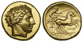 Kings of Macedon, Philip II (359-336 BC), gold stater, Amphipolis, c. 340-328 BC, laureate head of Apollo right, rev., ΦΙΛΙΠΠΟΥ, biga driven right; ca...