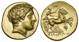 Kings of Macedon, Philip II (359-336 BC), gold stater, Amphipolis, c. 323-315 BC, laureate head of Apollo right, rev., ΦΙΛΙΠΠΟΥ, biga driven right; bu...