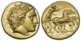 Kings of Macedon, Philip II (359-336 BC), gold stater, Colophon, c. 323-317 BC, laureate head of Apollo right, rev., ΦΙΛΙΠΠΟΥ, biga driven right; trip...