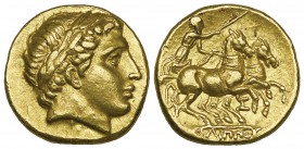 Kings of Macedon, Philip II (359-336 BC), gold stater, Teos, c. 323-317 BC, laureate head of Apollo right, rev., ΦΙΛΙΠΠΟΥ, biga driven right; Σ monogr...