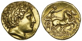Kings of Macedon, Philip II (359-336 BC), gold stater, Lampsakos, c. 323-317 BC, laureate head of Apollo right, rev., ΦΙΛΙΠΠΟΥ, biga driven right; ser...