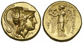 Kings of Macedon, Alexander III (336-323 BC), gold distater, Amphipolis, c. 330-320 BC, helmeted head of Athena right, rev., ΑΛΕΞΑΝΔΡΟΥ, Nike standing...