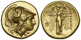 Kings of Macedon, Alexander III (336-323 BC), gold distater, Amphipolis, c. 330-320 BC, helmeted head of Athena right, rev., ΑΛΕΞΑΝΔΡΟΥ, Nike standing...