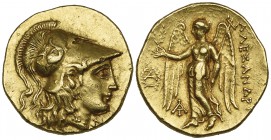 Kings of Macedon, Alexander III (336-323 BC), gold stater, Magnesia, c. 318-301 BC, helmeted head of Athena right, rev., ΑΛΕΞΑΝΔΡΟΥ, Nike standing lef...