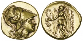 Kings of Macedon, Alexander III (336-323 BC), gold stater, Teos, c. 323-319 BC, helmeted head of Athena right, rev., ΑΛΕΞΑΝΔΡΟΥ, Nike standing left ho...