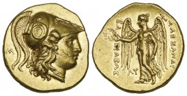 Kings of Macedon, Alexander III (336-323 BC), gold stater, Babylon, c. 323-317 BC, helmeted head of Athena right; to left, M, rev., ΒΑΣΙΛΕΩΣ ΑΛΕΞΑΝΔΡ[...