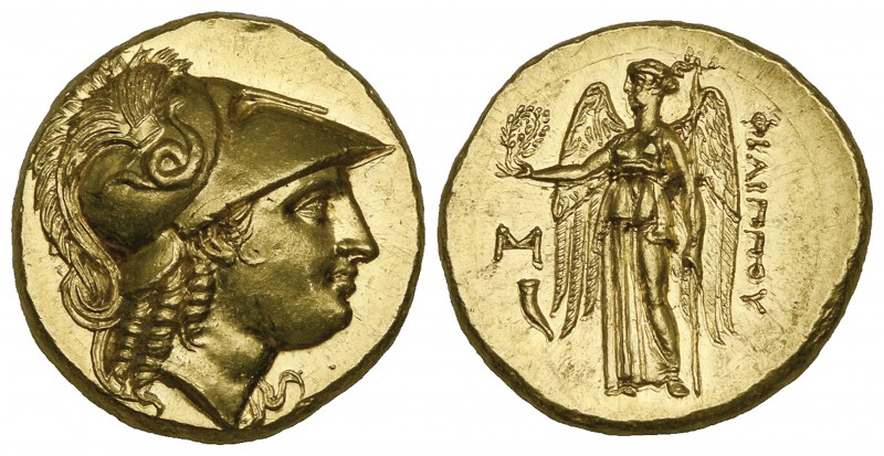 Kings of Macedonia, Philip III (323-317 BC), gold stater, Abydos, helmeted head ...
