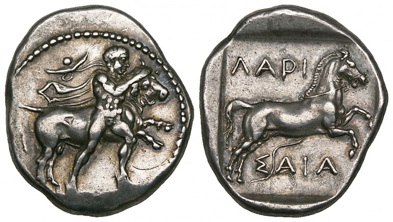 Thessaly, Larissa, drachm, early 4th century BC, Thessalos restraining bull rear...