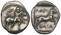 Thessaly, Larissa, drachm, early 4th century BC, Thessalos restraining bull rearing to right, rev., ΛΑΡΙ-ΣΑΙΑ, horse rearing to right with trailing re...