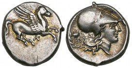 Acarnania, Anactorium, stater, c. 350-300 BC, Pegasus flying right; below, AN monogram, rev., head of Athena right; behind, AN monogram and tripod in ...