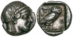 Attica, Athens, tetradrachm, c. 450-440 BC, helmeted head of Athena right, rev., ΑΘΕ, owl standing right with head facing; to left, olive spray and cr...