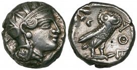 Attica, Athens, tetradrachm, eastern imitation, 4th century BC, helmeted head of Athena right, rev., ΑΘΕ, owl standing right with head facing; to left...
