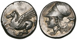 Corinthia, Corinth, stater, 350-300 BC, Pegasus flying left; coppa below, rev., head of Athena left in helmet ornamented with wreath and flanked by A ...