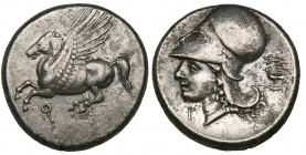 Corinthia, Corinth, stater, 350-300 BC, Pegasus flying left; coppa below, rev., helmeted head of Athena left, flanked by Γ and dove in wreath, 8.49g, ...