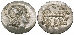 Ionia, Herakleia ad Latmon, tetradrachm, c. 150 BC, head of Athena right in crested helmet adorned with Pegasus and five horse foreparts, rev., ΗΡΑΚΛΕ...