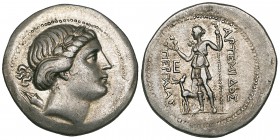 Pamphylia, Perge, tetradrachm, 3rd to 2nd century BC, laureate head of Artemis right, quiver at shoulder, rev., ΑΡΤΕΜΙΔΟΣ ΠΕΡΓΑΙΑΣ, Artemis standing l...