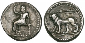 Babylonia, tetradrachm, c. 312-306 BC, Baal seated left, rev., lion advancing left; above, Seleucid anchor, 16.45g, die axis 9.00 (BMC 43), fine to ve...