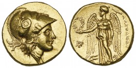 Seleucid Empire, Seleucus I (312-280 BC), gold stater in the name of Alexander the Great, Ecbatana, after 311 BC, helmeted head of Athena right, rev.,...