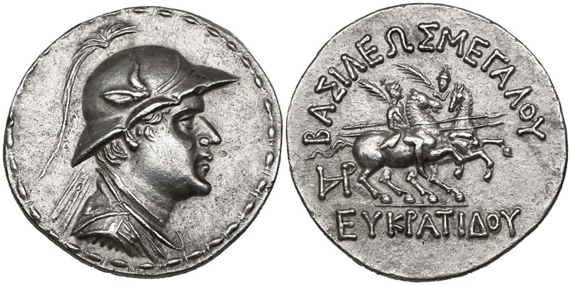 Bactria, Eucratides I (c. 170-145 BC), tetradrachm, helmeted bust right, rev., Β...