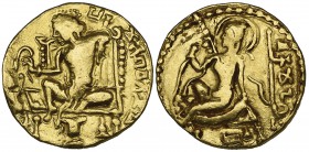 India, Gupta Dynasty, Chandragupta II (c. 380-414), gold dinar, couch type, king seated three-quarters left on couch, his feet folded up, his left elb...