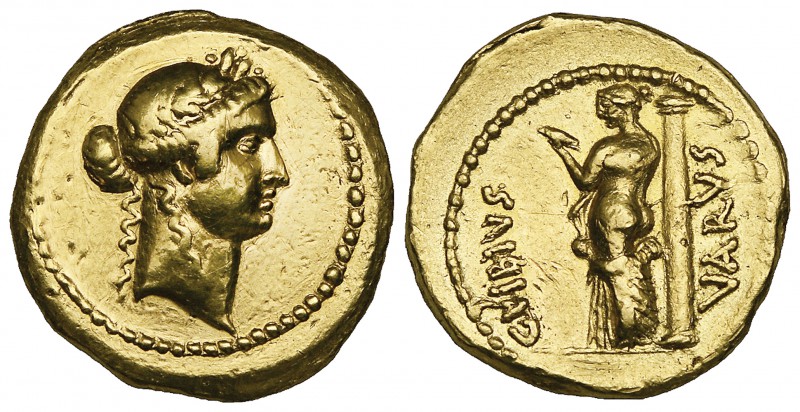 C. Vibius Varus, aureus, Rome, 42 BC, laureate head of Apollo right, rev., C VIB...