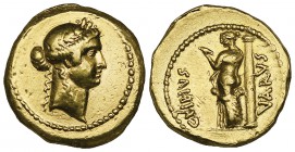 C. Vibius Varus, aureus, Rome, 42 BC, laureate head of Apollo right, rev., C VIBIVS VARUS, Venus standing left, leaning against column, nude but for d...