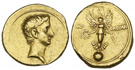 Octavian, aureus, Brundisium or Rome, c. 30-29 BC, bare head right, rev., IMP CAESAR, Victory standing on globe, holding wreath and standard, 7.90g, d...
