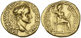 Tiberius (14-37), aureus, Lugdunum, undated, TI CAESAR DIVI AVG F AVGUSTVS, laureate head right, rev., PONTIF MAXIM, Livia as Pax seated right holding...